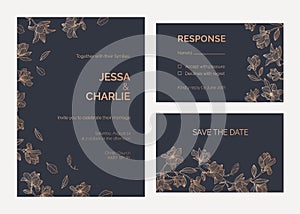 Collection of wedding invitation and response card templates decorated by magnolia tree branches with blooming flowers