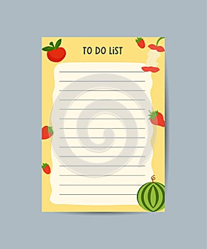 A collection of weekly or daily agendas, notebooks, to-do lists, with fruit illustrations. Flat vector illustration