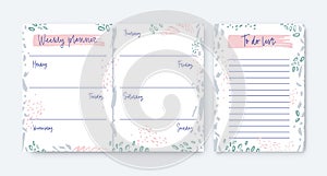 Collection of weekly planner and to-do-list templates decorated by stains and scribble. Schedule, reminder or timetable