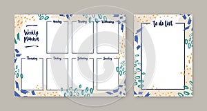 Collection of weekly planner with weekdays and to-do-list templates with frame decorated by colorful daub, paint marks