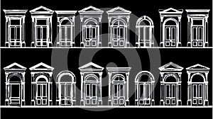 Collection of white classical building entrances on black background