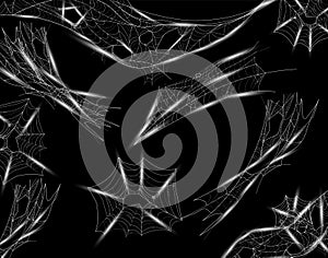 Collection of white cobweb isolated on dark background. Intricate spider web, halloween concept. 3d vector illustration