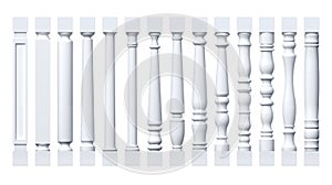 Collection of white isolated columns, pilasters, balusters