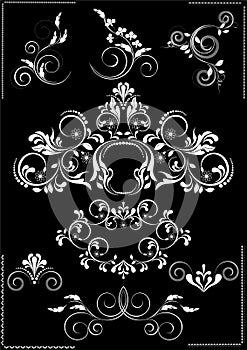 Collection white flourishes patterns ÃÂ  on a black background