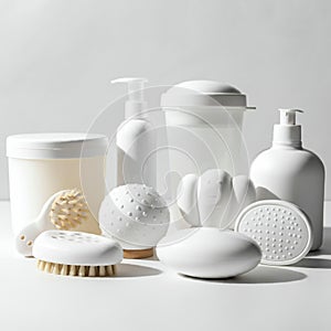 A collection of white, minimalist bath and body accessories arranged on a surface.