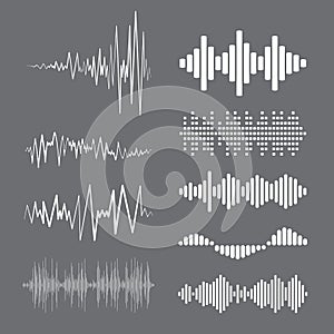 Collection white music wave on grey background. Vector set of isolated audio logos, pulse players, equalizer symbols