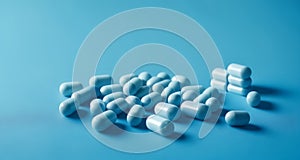 A collection of white pills on a blue background photo