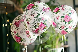 A collection of white and pink flowers delicately placed on top of a cluster of colorful balloons, Floral-printed balloons for a