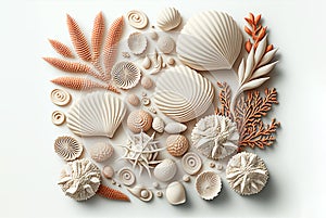 De blanco el mar conchas a corales en blanco. 