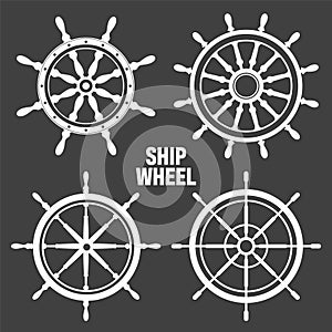 Collection of white vintage steering wheels. Ship, yacht retro wheel symbol. Nautical rudder icon. Marine design element