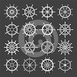 Collection of white vintage steering wheels. Ship, yacht retro wheel symbol. Nautical rudder icon. Marine design element