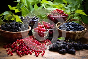 collection of wild berries on leafy backdrop