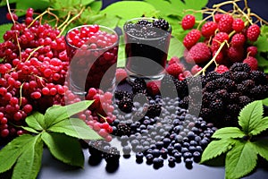 collection of wild berries on leafy backdrop
