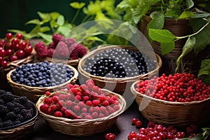 collection of wild berries on leafy backdrop