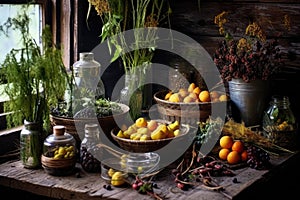 collection of wild edibles on a rustic table