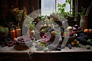 collection of wild edibles on a rustic table photo