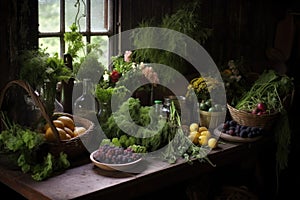 collection of wild edibles on a rustic table photo