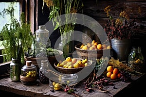 collection of wild edibles on a rustic table photo