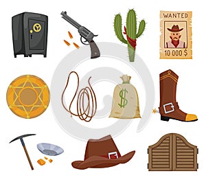 Collection of wild west flat icons. Accessories and objects game or app ui icon. Cowboy hat, sheriff star badge, wanted