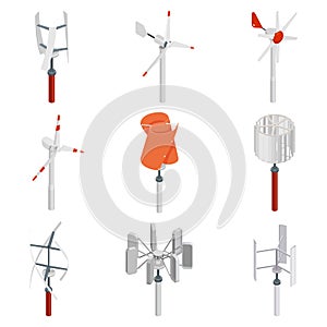 Collection of wind turbine generators. Isometric clean energy set. photo