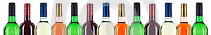 Collection of wine bottles bottleneck in a row red banner isolated on white