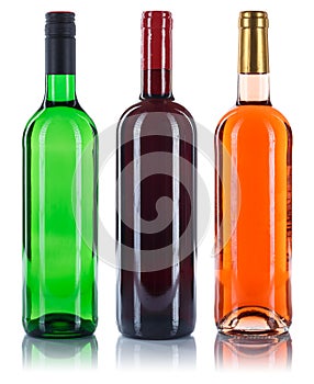 Collection of wine bottles red white rose isolated on white