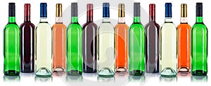 Collection of wine bottles in a row red isolated on white