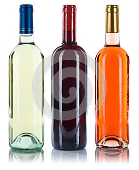 Collection of wine bottles wines red white rose isolated on whit