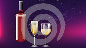 Collection of wine glasses and bottle on abstract background