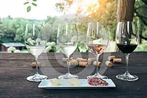 Collection of wine glasses on wooden table