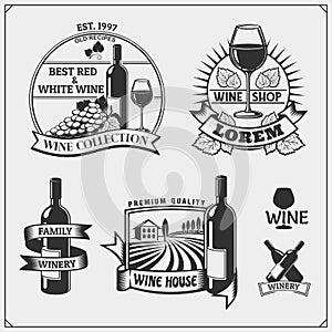 Collection of Wine shop vintage emblems, labels, badges and design elements.