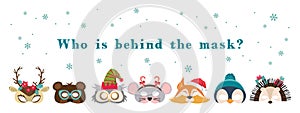 Collection of winter animal masks and Christmas photo booth props for kids. Cute cartoon masks and elements for a party