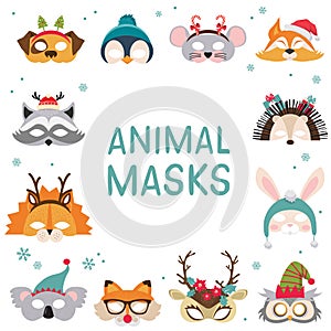 Collection of winter animal masks and Christmas photo booth props for kids. Cute cartoon masks and elements for a party