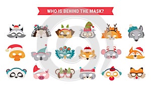 Collection of winter animal masks and Christmas photo booth props for kids. Cute cartoon masks and elements for a party