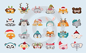 Collection of winter animal masks and Christmas photo booth props for kids. Cute cartoon masks and elements for a party