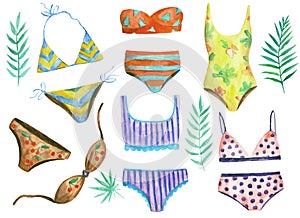 Collection of woman swimwear, swimsuits and bikini. Watercolor hand painted illustration.