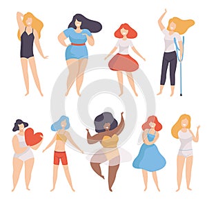 Collection of Women of Different Figure type and Height, Body Positive, Self Acceptance and Beauty Diversity Concept