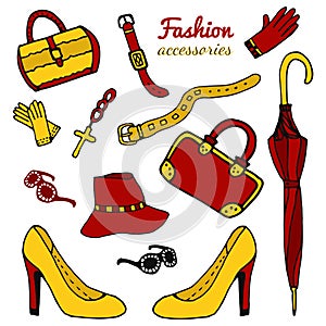 Collection womens accessories. Fashion set. Hand drawn vector isolated.