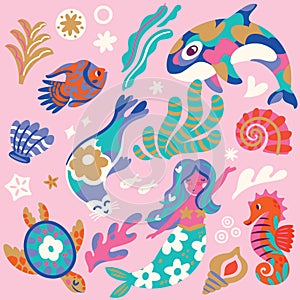 Collection of wonderful whimsical ocean creatures. Yogurt palette. Vector illustration