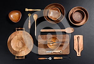 Collection of Wood Kitchen Bowls and Utensils