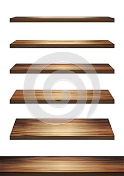 Collection of wood shelf table isolated on white background