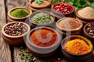A collection of wooden bowls displaying an assortment of different types of aromatic spices, A colorful display of various Indian