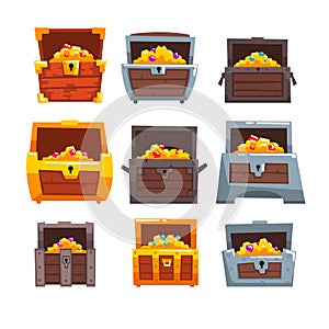 Collection of wooden chests with treasures, chest with golden coins and jewels vector Illustration on a white background