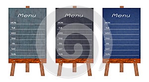 Collection of wooden menu display Sign, A Frame restaurant message board, Isolated on white background.