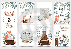 Collection of woodland background set with bear,deer,skunk,fox.Editable vector illustration for website, invitation,postcard and photo