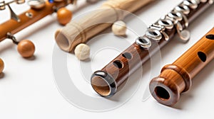 A collection of woodwind instruments, including flutes and recorders, on a white background