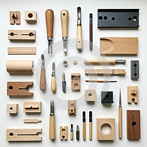 A collection of woodworking tools and blocks arranged neatly on a white surface. The