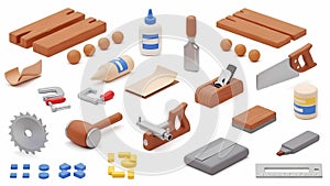 Woodworking tools and materials on white background