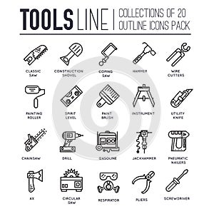 Collection of working tools icons items design. Cnstruction instruments with any elements set. Diy, building, work