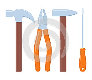 Collection of working tools. Repair and construction tools icon set. Hammer, pliers, file, screwdriver, wrench. Vector flat